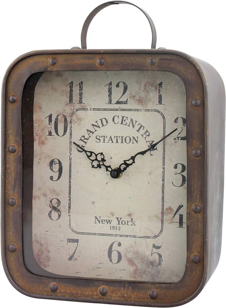 Stonebriar Large Square Rustic Metal Table Top Clock with Handle and Rivet Detail, Industrial Hom... | Amazon (US)