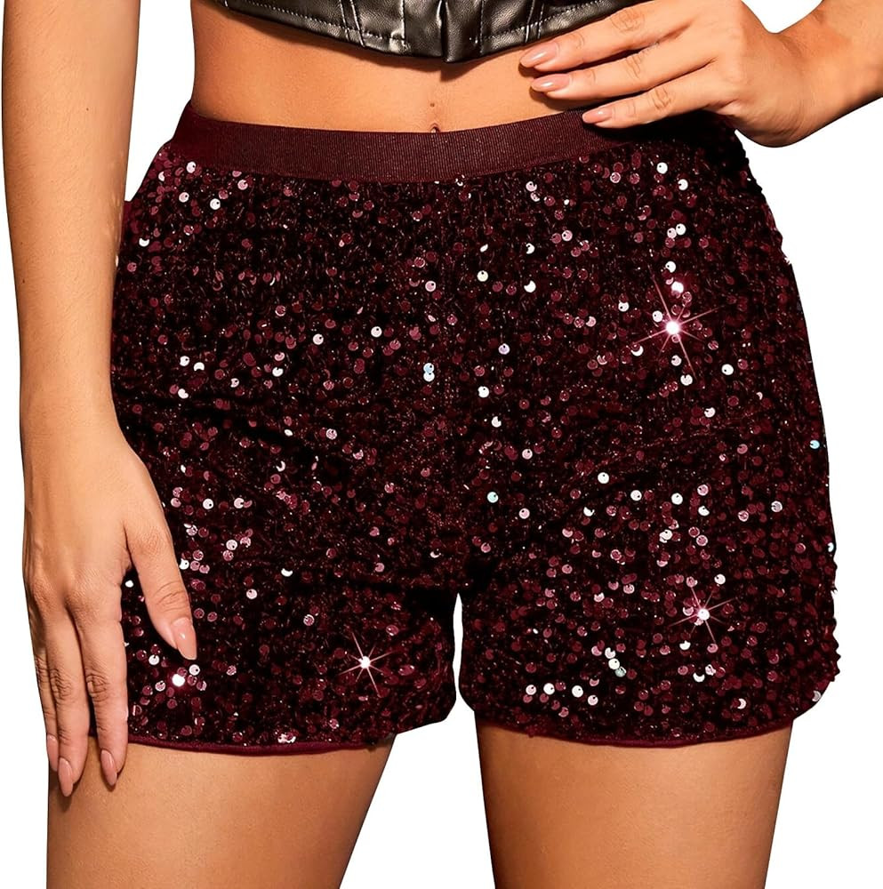 High Waisted Sequin Shorts for Women Elastic Straight Leg Hot Pants Sexy Sparkly Glitter Clubwear... | Amazon (US)