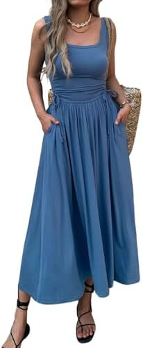 Mieazom Women’s Boho Summer Maxi Dress with Pockets, Adjustable Waist, Sleeveless Casual Ruched... | Amazon (US)