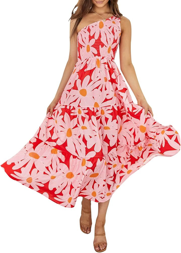 ZESICA Women's Bohemian Summer Floral Print One Shoulder Sleeveless Smocked Ruffle Tiered Beach L... | Amazon (US)