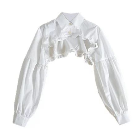 FEAMOS Women Puff Long Sleeve Half Top Blouse Ruffled Edge Golden Button False Collar | Walmart (US)