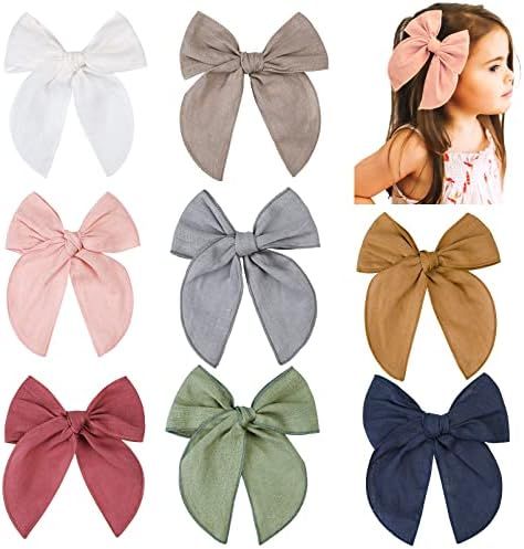 DEEKA 8 PCS Large Fable Hair Bow Cotton Linen Hair Bow for Toddlers Girls Handmade Neutral Bow Hair  | Amazon (US)