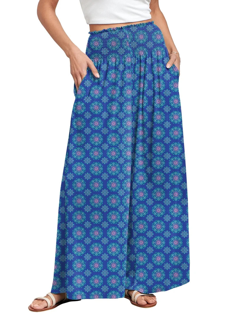 ANRABESS Womens Wide Leg Pants Summer Casual Palazzo Lounge Pants High Smocked Waist Loose Beach ... | Walmart (US)