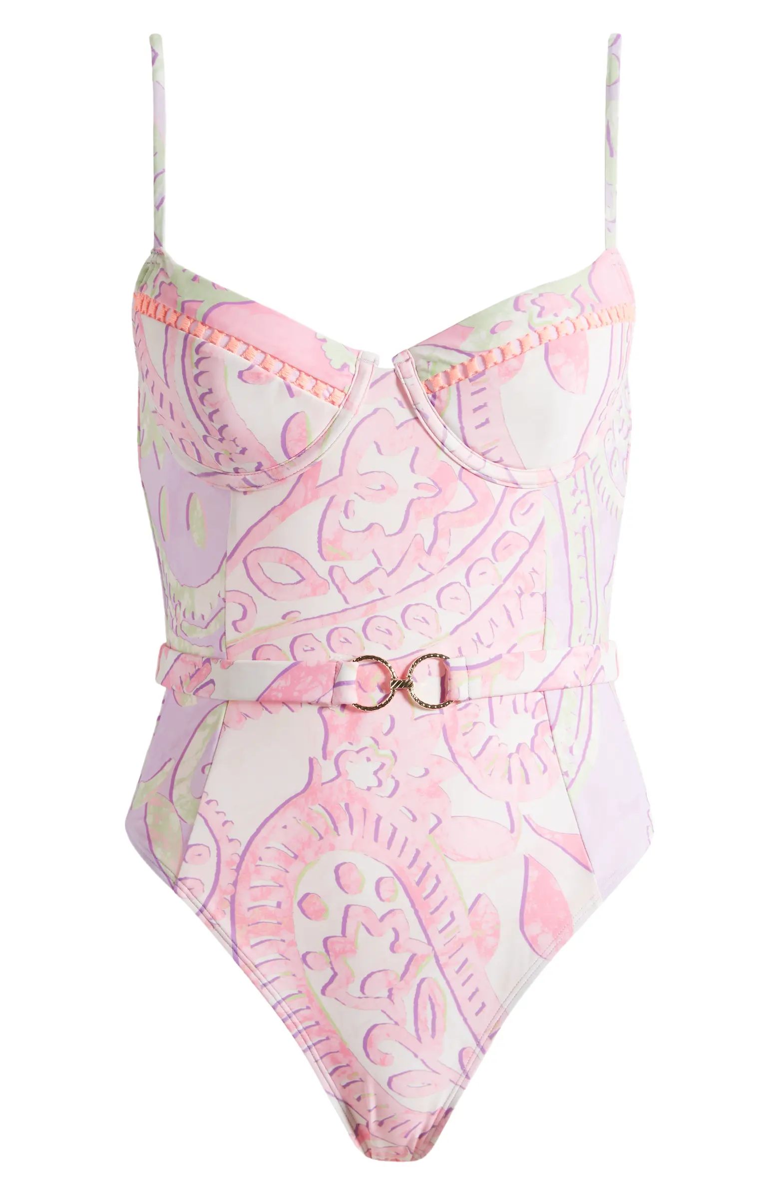Belted Balconette Mix Print Underwire One-Piece Swimsuit | Nordstrom