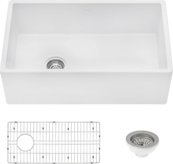 Ruvati 30-inch Fireclay Farmhouse Offset Drain Kitchen Sink Single Bowl White - Left Drain - RVL2... | Amazon (UK)