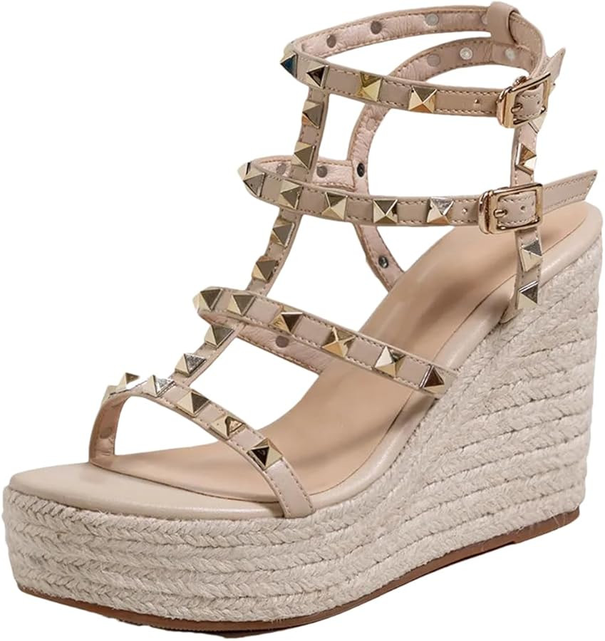 Women Platform High Heels Sandals Open Toe Studded Solid Color Wedges Runway Party Summer Shoes | Amazon (US)
