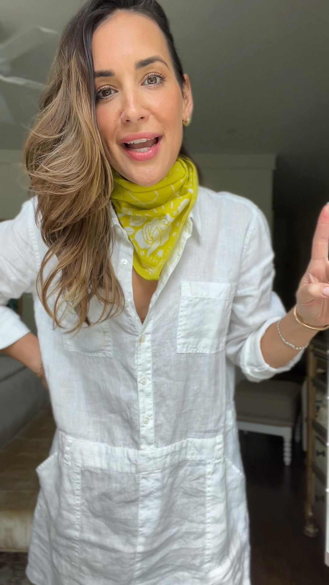 White linen shift dress and lemon raffia flats 