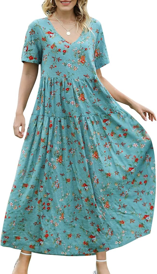 YESNO Women Casual Loose Bohemian Floral Dress with Pockets Short Sleeve Long Maxi Summer Beach Swin | Amazon (US)