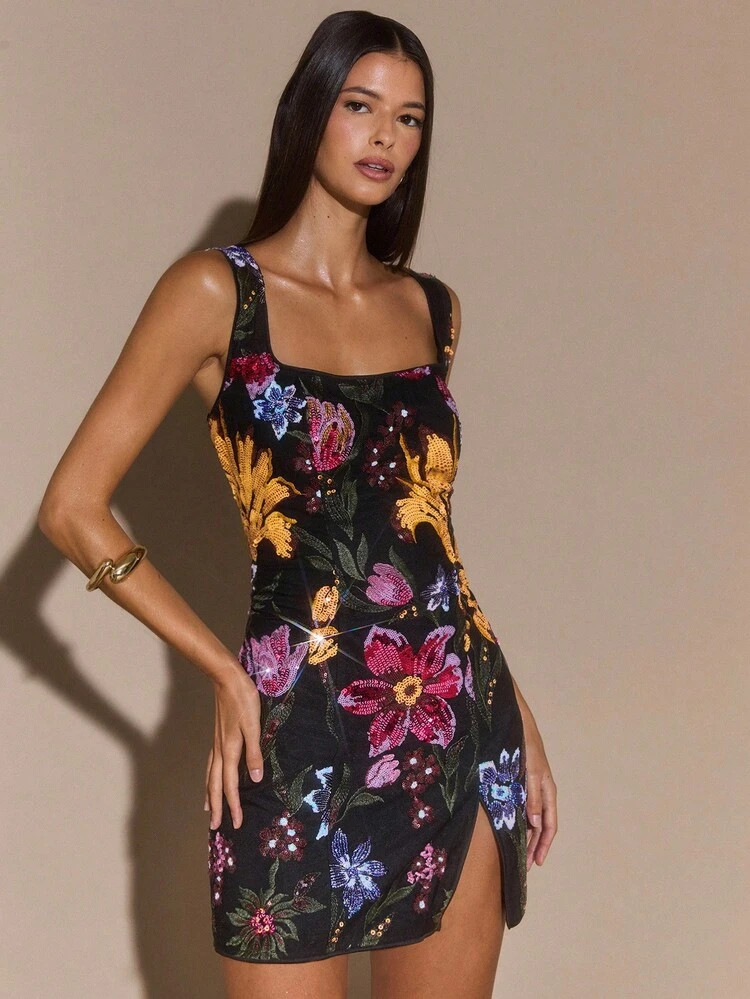 SHEIN BAE Autumn/Winter Solid Color Floral 3D Embroidery Sequin Elegant Slit Strap Mini Dress, Em... | SHEIN