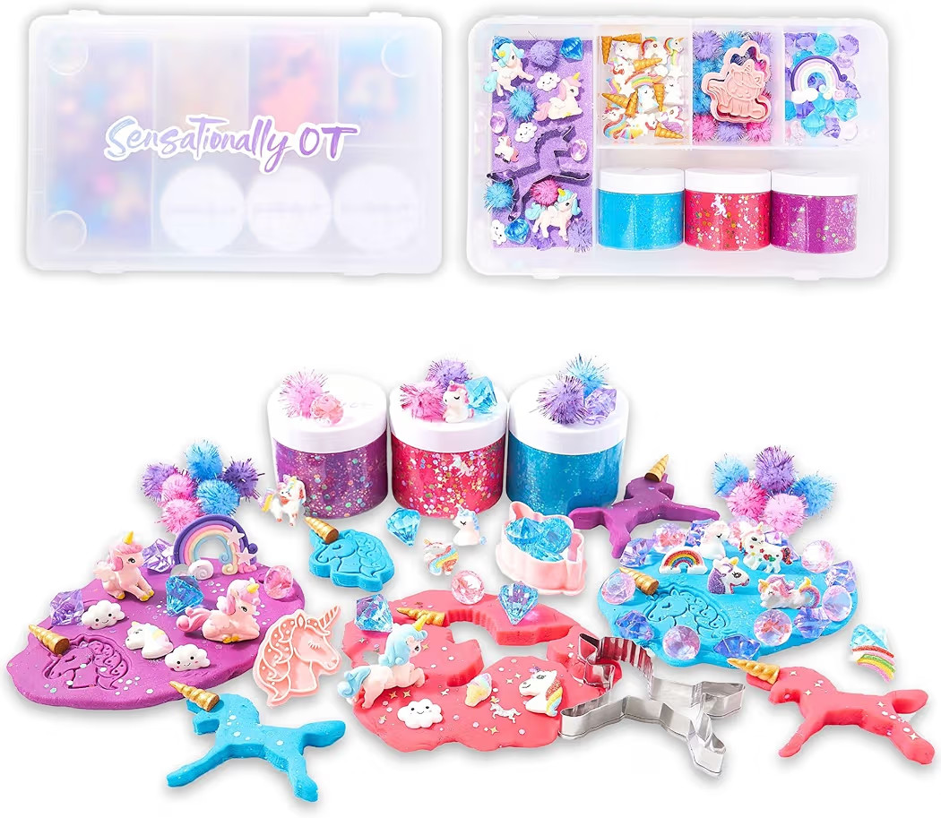 Unicorn Sensory Dough Kit (3 Jars) Non-Toxic Dough with Unicorn Cutters, Charms, Rainbow, Pom Pom... | Amazon (US)