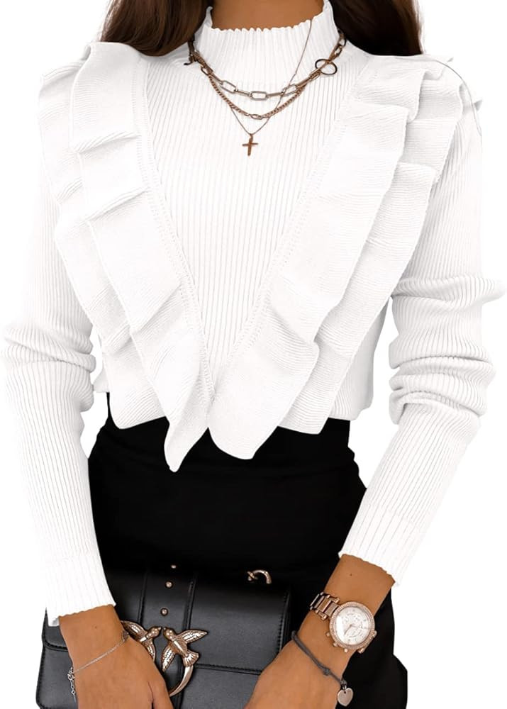 Coololi Women's Ruffle Sweaters Mock Neck Cute Cozy Fitted Pullover Sweater Tops | Amazon (US)