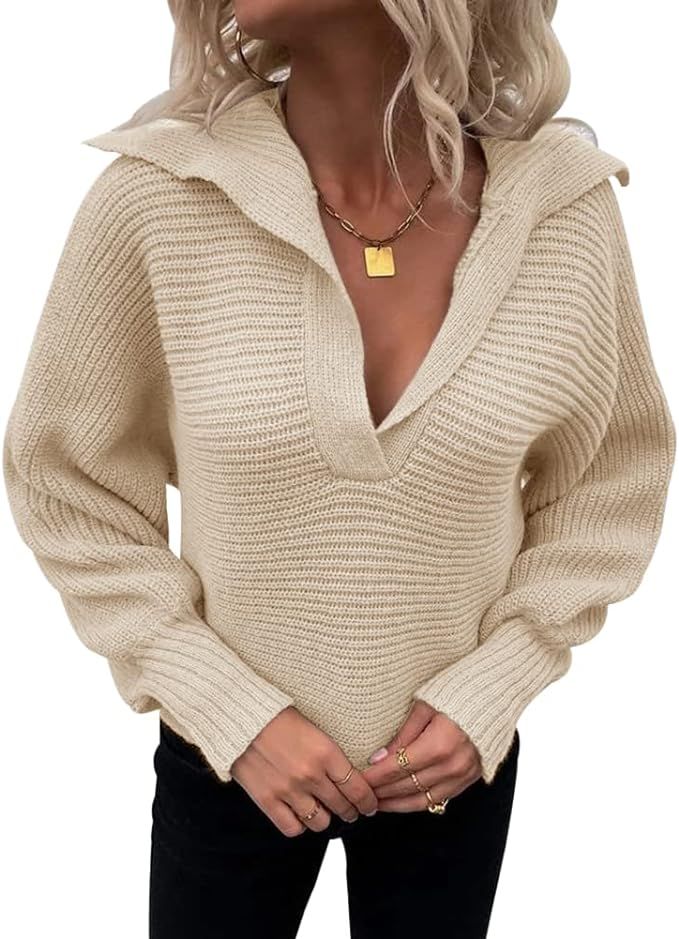 Womens V Neck Batwing Long Sleeve Pullover Sweaters Collared Lightweight Loose Casual Warm Ribbed... | Amazon (US)