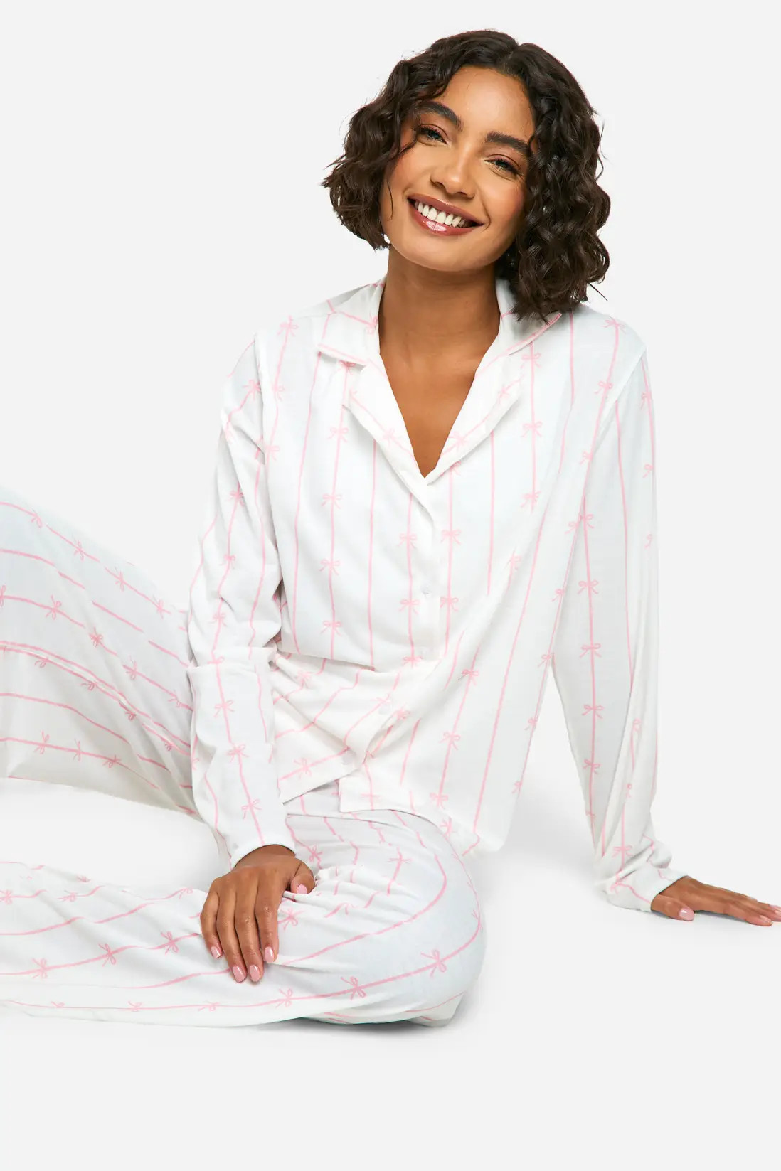 Tall Pinstripe Bow Print Long Sleeve Shirt & Trousers Pyjama Set | boohoo (US & Canada)