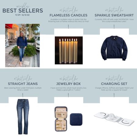 This week’s bestsellers include some flameless flickering candle tapers, a crystal collar sweatshirt, my favorite under-$18 jeans, a velvet jewelry box (makes a great stocking stuffer) and a portable charger that works on iPhones, apples watches and AirPods!
.
#ltkhome #ltkunder50 #ltkunder100 #ltkstyletip #ltkgiftguide #ltkholiday #ltkseasonal 

#LTKsalealert #LTKunder50 #LTKsalealert #LTKhome