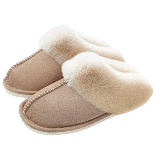 Women's Slippers Soft Plush Winter Warm House Shoes Slip on Memory Foam Fluffy Slippers Khaki 42-43 | Amazon (US)