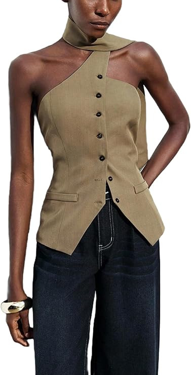 MakeMeChic Women's Halter Tops Work Button Down Vest Dressy Suit Sleeveless Tops with Scarf | Amazon (US)