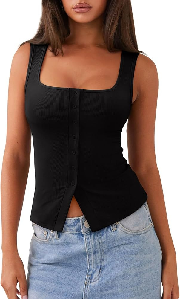 REORIA Womens Going Out Tops Cute Ribbed Button Down Square Neck Sleeveless Vest Crop Tank Top | Amazon (US)