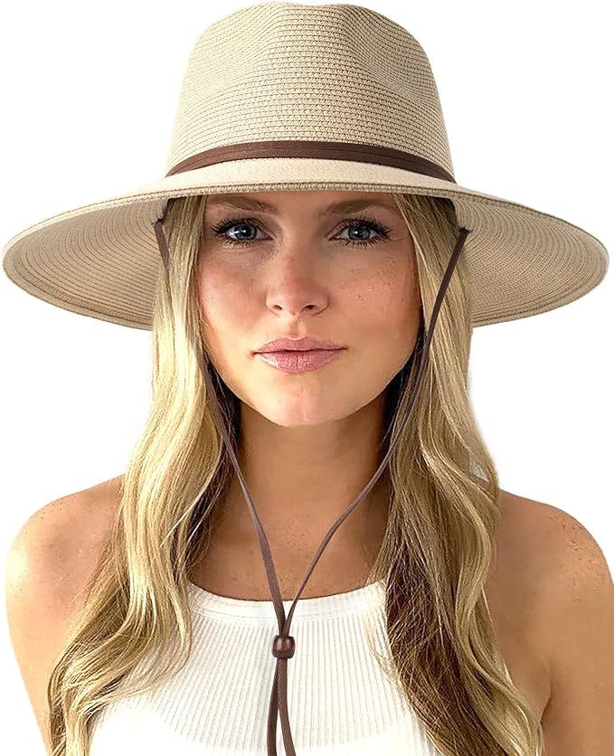 FURTALK Womens Summer Straw Sun Hats Wide Brim Panama Fedora Beach Hat with Wind Lanyard UPF 80+ | Amazon (US)