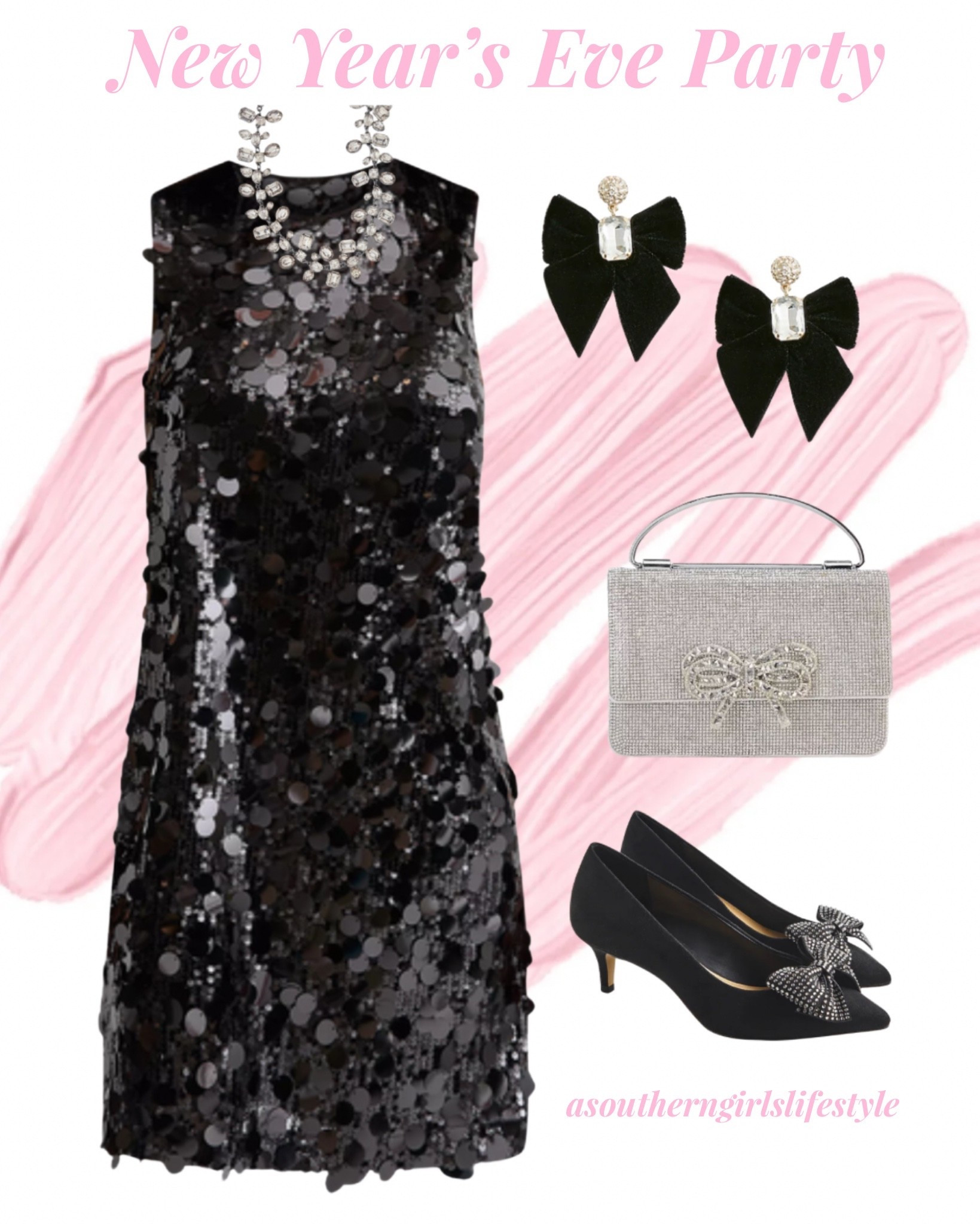New Year’s Eve Party Outfit - most items are on Sale

Sequin Satin Bow Back Mini Dress, Stone Necklace, Black Velvet Bow Crystal Statement Earrings, Bow Clutch & Rhinestone Bow Heels

Holiday Party Outfit. Holiday Outfits Women. Holiday Access 

#LTKSaleAlert #LTKSeasonal #LTKHoliday