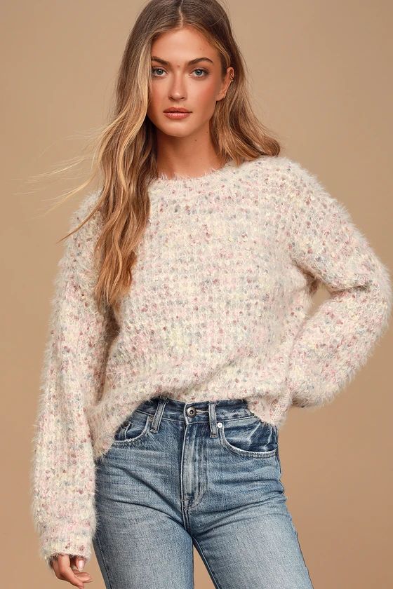 Lovely Time Blush Pink Multi Fuzzy Knit Sweater | Lulus (US)