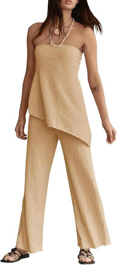 Tankaneo Womens 2 Piece Outfits Asymmetrical Tube Top Wide Leg Pants Knit Vacation Travel 2025 Ma... | Amazon (US)