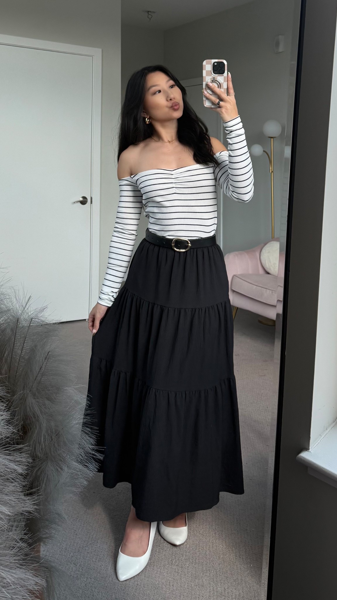 Off Shoulder Striped Top: sold out, linking similar
Black Maxi Skirt: size S (YesStyle code: VIVACIOUSHON)
White Ballet Flats: true to size

Outfit idea, how to style, chic aesthetic, summer outfit, modest style, Christian fashion 

#LTKShoeCrush #LTKStyleTip #LTKSeasonal