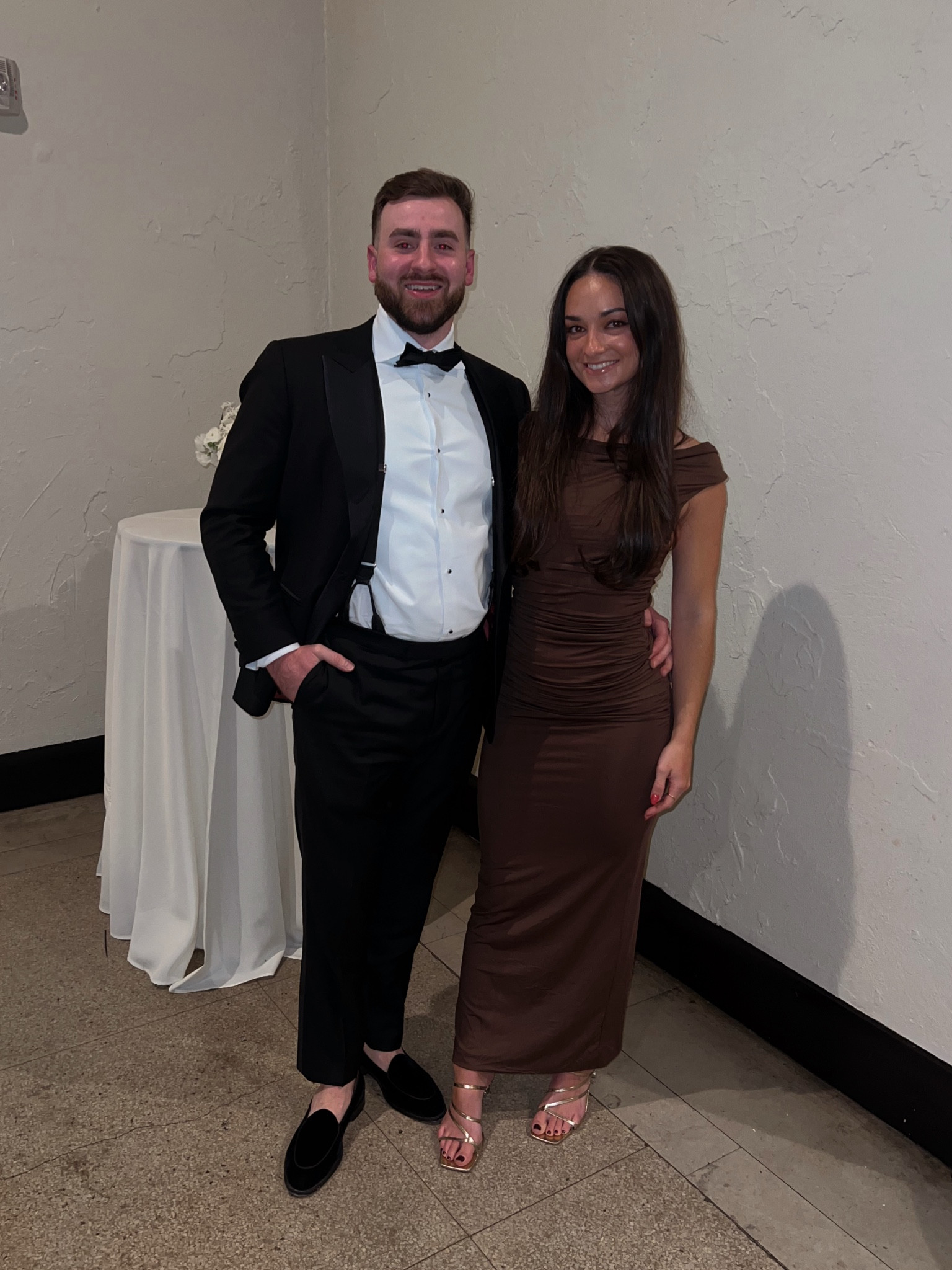 wedding guest dress ootd! perfect for a fall/winter wedding 🤎 wore it with a long cream coat since it was cold out! I wore it slightly off shoulder but also looks great as shown on the website! Heels are old from Billini but linked similar 

#LTKWedding #LTKStyleTip #LTKFindsUnder100