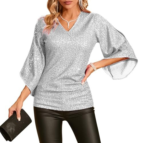 Womens Sparkly Sliver Shirts 3/4 Sleeve Sequin Tops for Party Night Glitter V-Neck Dressy Blouse Silver 2XL | Amazon (US)