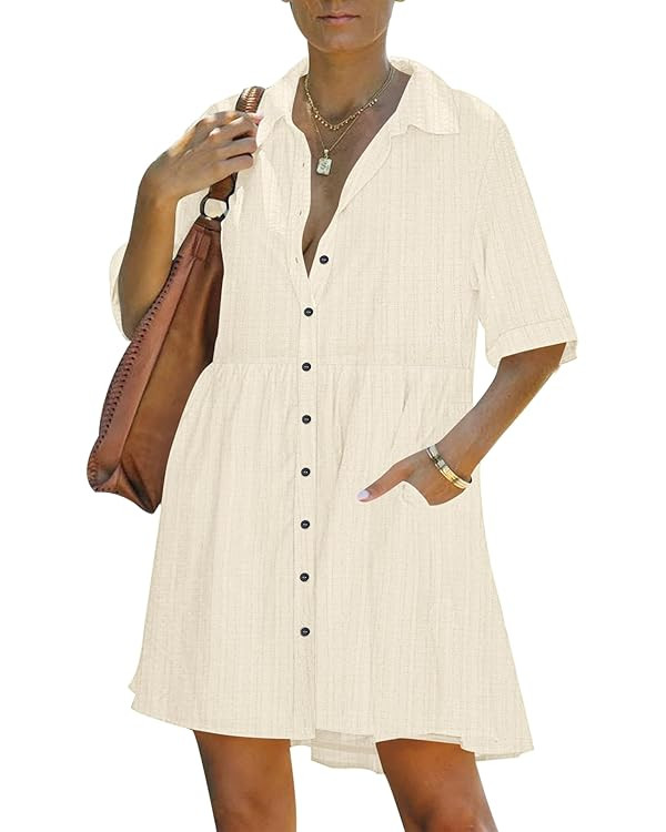 PYGFEMR Women's Summer Dress 2025 Short Sleeve Babydoll Tiered Button Down T Shirts Dresses with ... | Amazon (US)