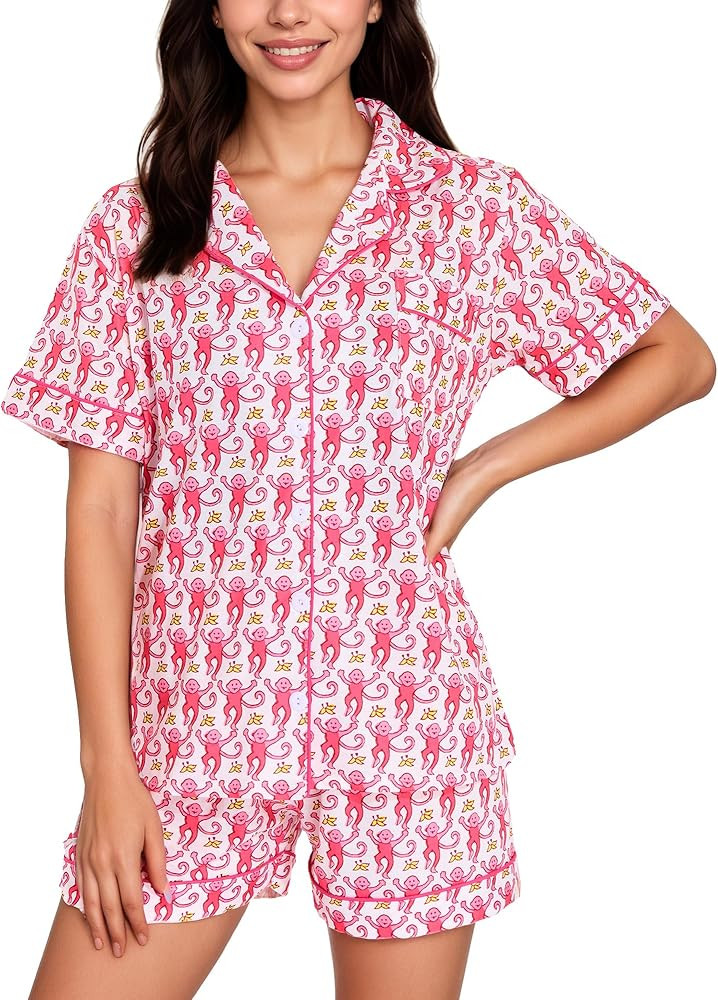 Women's Pajamas Set Button Down Ladies Summer Pajamas Monkey Printed Sleepwear Short Sleeve 2 Pc ... | Amazon (US)