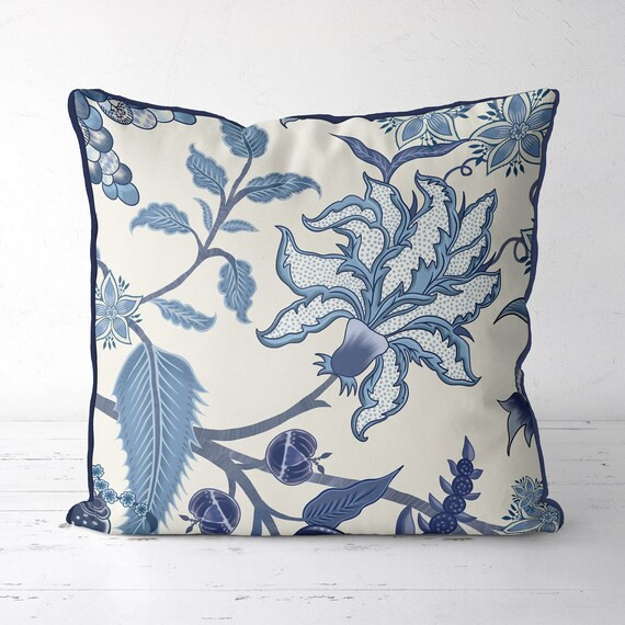 Blue and white Designer Pillow cover jacobean floral style | Etsy | Etsy (US)