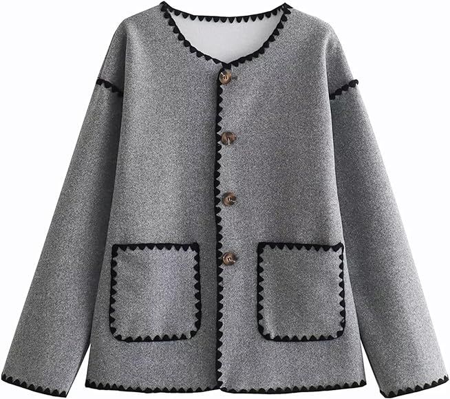 Yeokou Women Wool Blend Jacket Contrast Color Crew Neck Button Down Cardigan Coat Casual Outwear ... | Amazon (US)