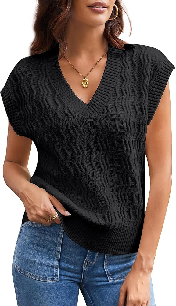 GRACE KARIN Womens V Neck Sweater Vest Ribbed Knit Casual Cap Sleeve Loose Fit Pullover Tops Fall... | Amazon (US)