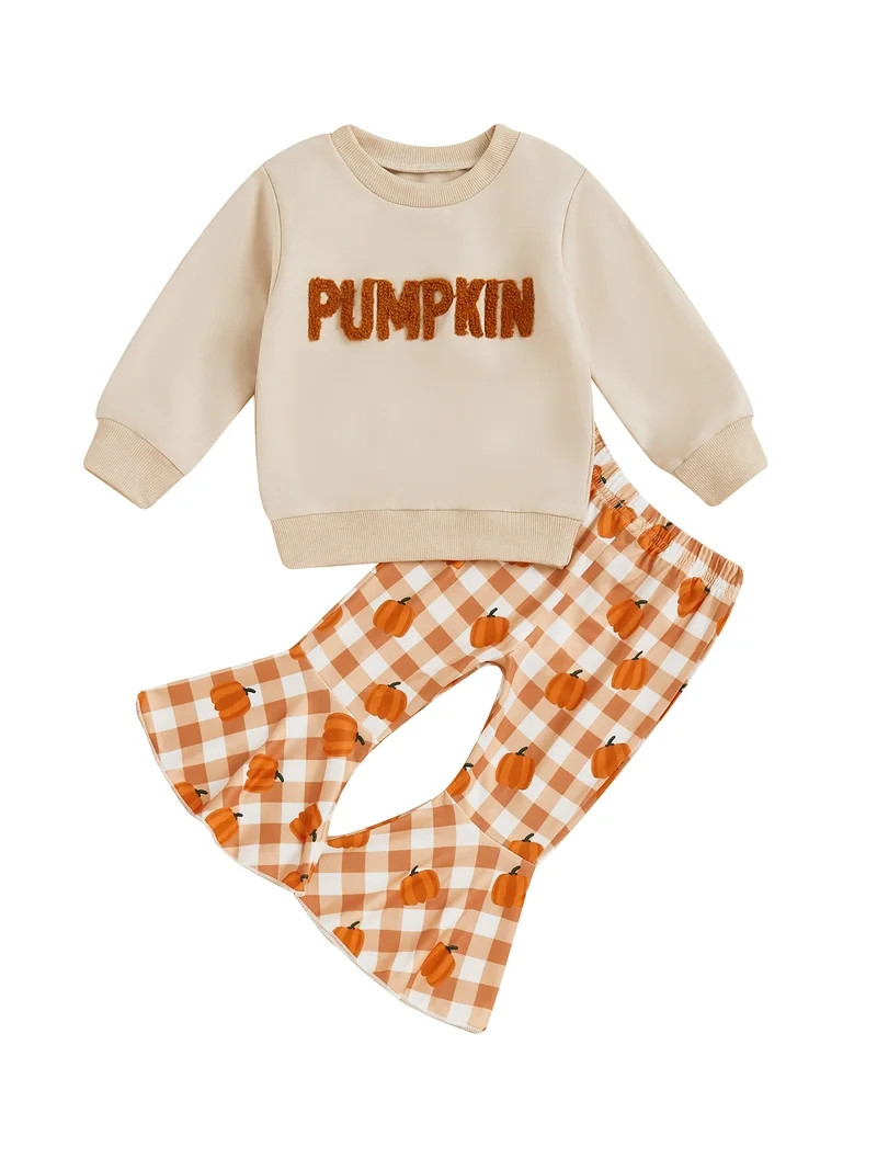 Toddler Girls Halloween Clothes Set Baby Letter Embroidered Long Sleeve Sweatshirt and Plaid Pump... | Walmart (US)