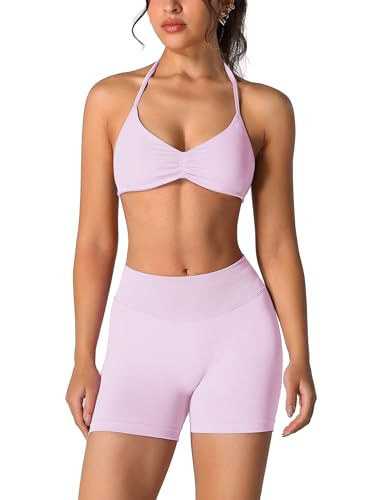 ABOCIW Pink Workout Sets for Women 2 Piece Seamless Scrunch Butt Lifting High Waist Impact Gym Shorts Matching Halter Sports Bra Active Wear Yoga Outfits #1 Pink X-Large | Amazon (US)