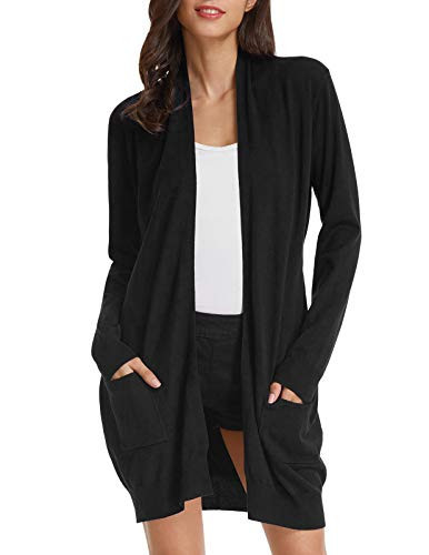 Women Casual Black Long Cardigans Open Front Lightweight Knit Cardigans with Pockets(M,Black) | Amazon (US)