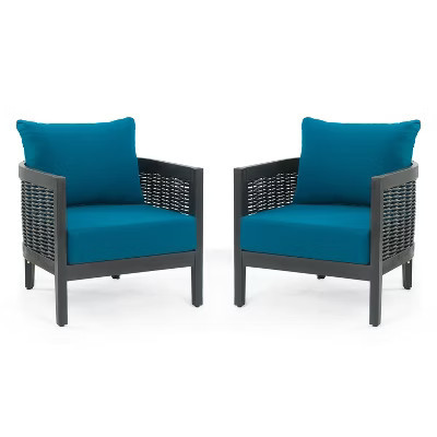 GDFStudio Berry Patio Acacia Wood and Rattan Upholstered Club Chair (Set of 2), Dark Teal | Target