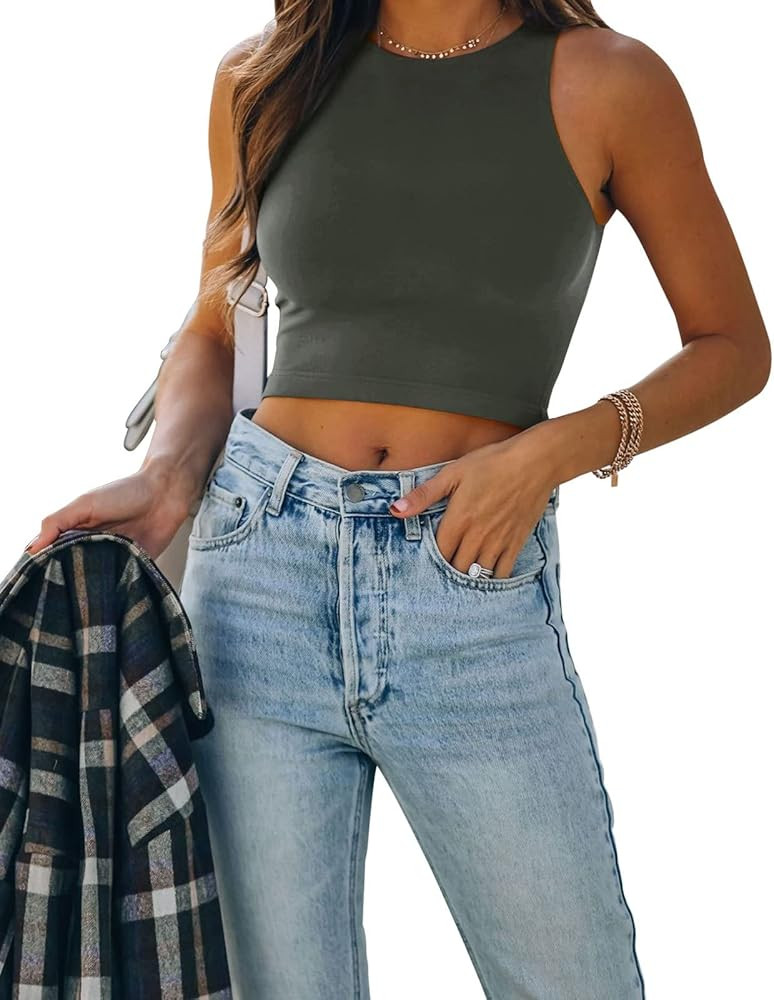 REORIA Women’s Sexy Sleeveless Racer Back Tank Tops Halter Neck Crop Tops | Amazon (US)