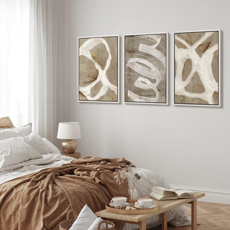 Pastel Tan Brown Green Neutral Modern Artwork  Abstract Picture Framed Canvas 3 Piece Print Wall ... | Wayfair North America