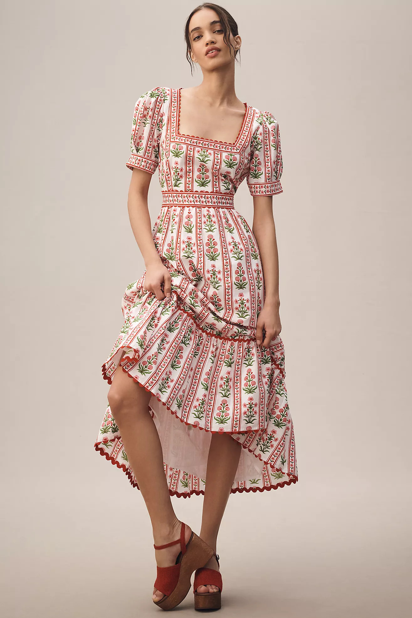 Pink City Prints Evelyn Puff-Sleeve Tiered Midi Dress | Anthropologie (US)