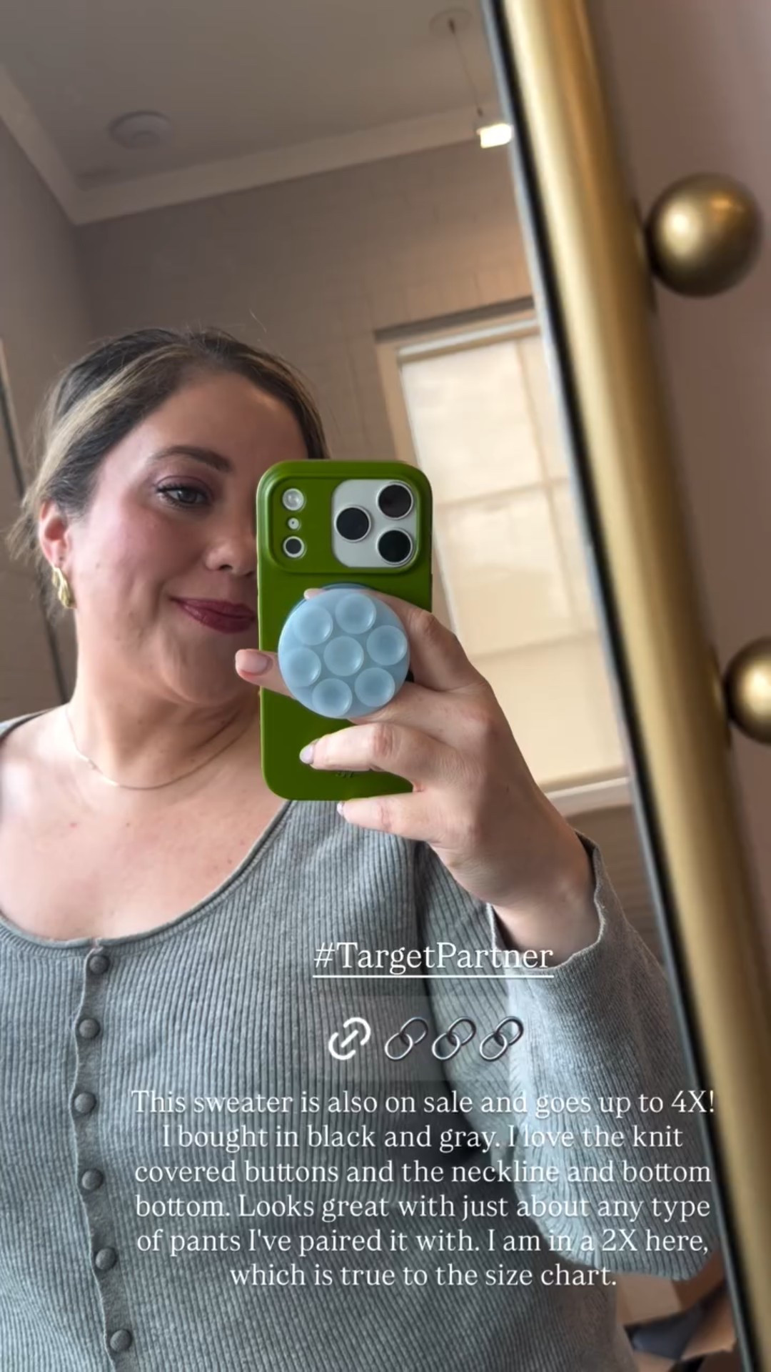 This sweater is also on sale and goes up to 4X! I bought in black and gray. I love the knit covered buttons and the neckline and bottom bottom. Looks great with just about any type of pants I've paired it with. I am in a 2X here, which is true to the size chart.  #TargetPartner

#LTKFindsUnder50 #LTKPlusSize #LTKSaleAlert