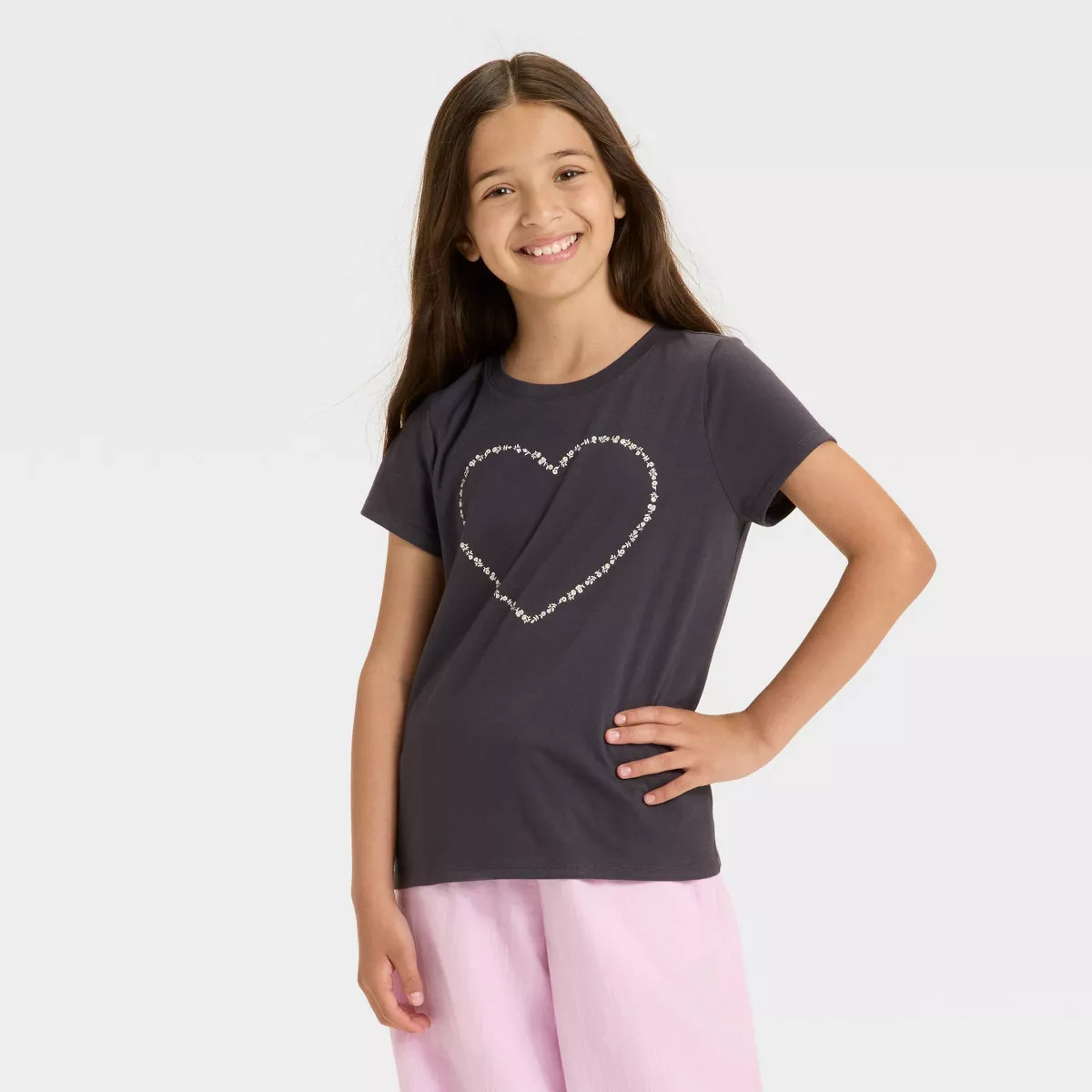 Girls' Short Sleeve Heart Graphic T-Shirt - Cat & Jack™ Charcoal Gray | Target