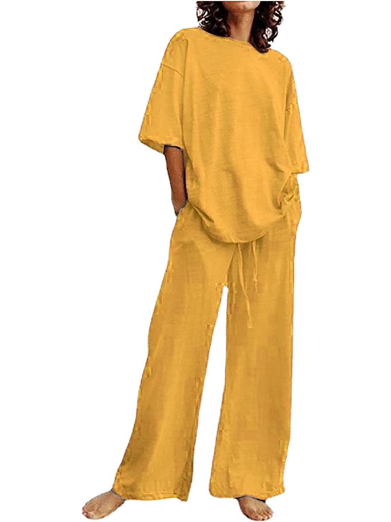 BESTSPR Cotton Linen Sets for Women 2 Piece Outfits Summer Loose 3/4 Sleeve Oversized Top and Wid... | Walmart (US)