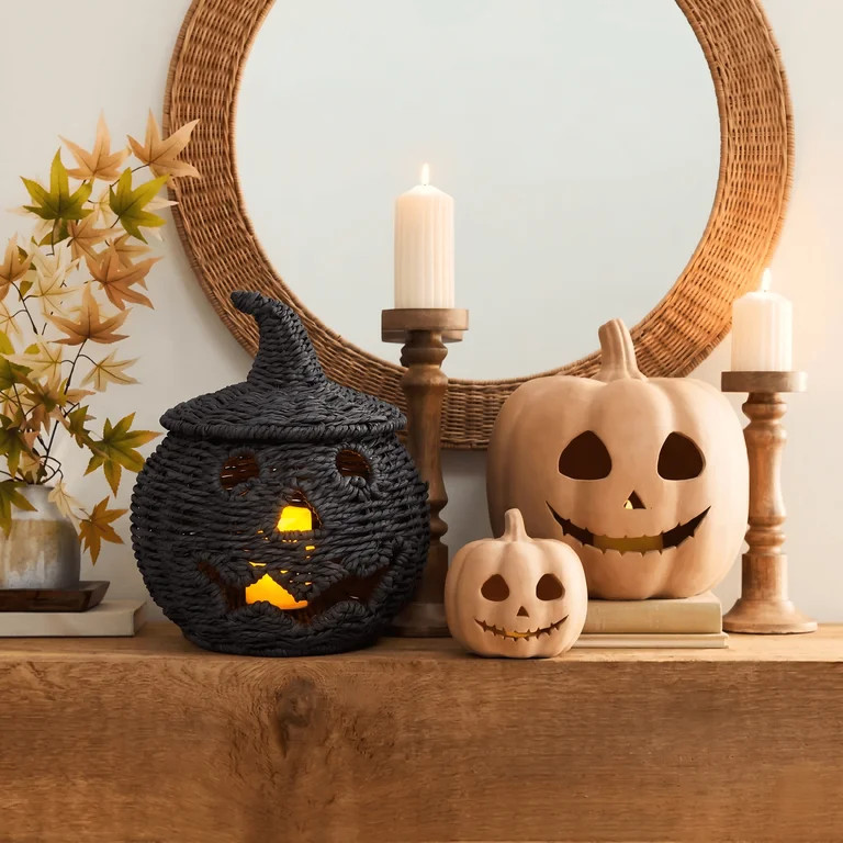 Guvpev Haunting Seagrass & Metal Pumpkin Basket - 6.3" Handmade Woven Jack O' Lantern Halloween C... | Walmart (US)