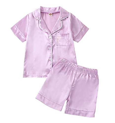 Qiylii Purple Silk Pajamas for Toddler Girl Short Sleeve Button-Up Shirt & Shorts 2PC Satin Pajamas Set Summer Sleepwear (Purple 1T) | Amazon (US)