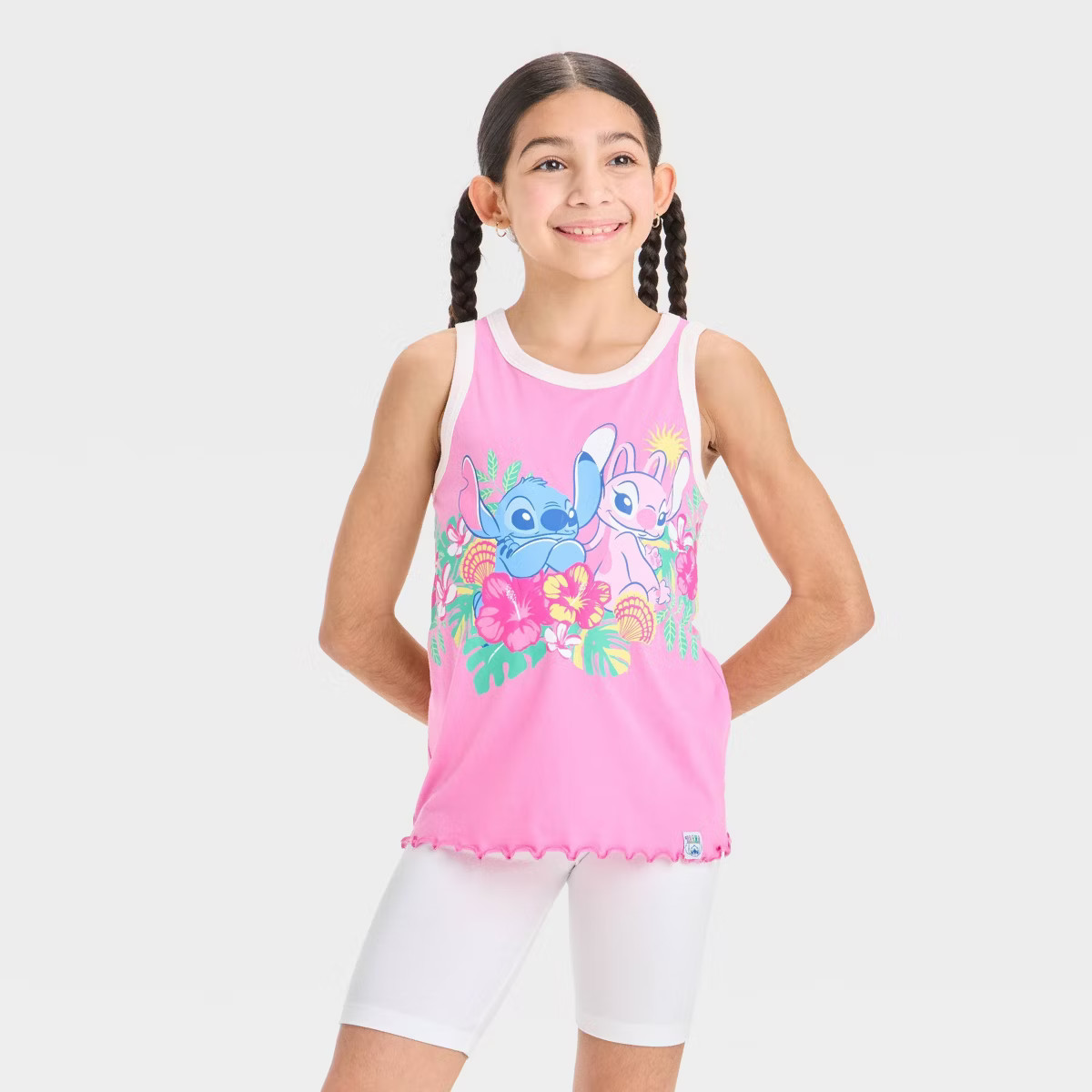Girls' Disney Stitch and Angel "Ohana" Front and Back Graphic Raglan Tank Top - Pink | Target