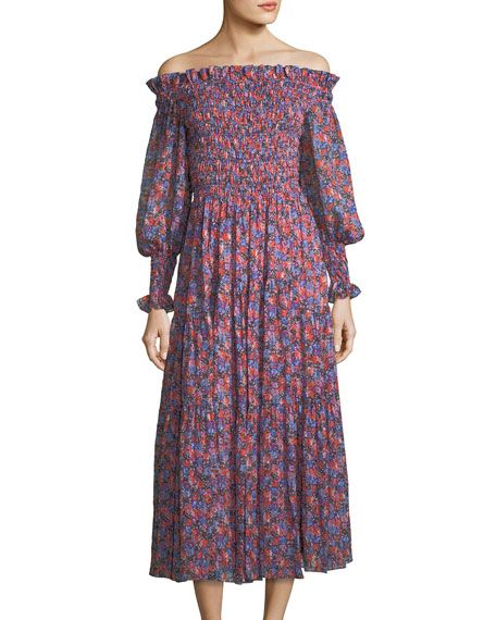 Rebecca Taylor Cosmic Off-the-Shoulder Floral-Print Midi Dress | Bergdorf Goodman