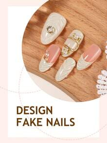 10pcs French Stiletto Glossy Acrylic False Nails, Medium Almond Shape, 3D Golden Line Art Decor W... | SHEIN
