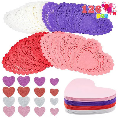Joyfy 126+ Pcs Valentines Day Craft Gift Set with 100 Heart Doilies, 24 Pcs Foam Hearts & 2 Bags of Foam Heart Stickers for Kids | Target
