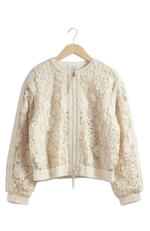 & Other Stories Soutache Embroidered Mesh Bomber Jacket in Off White at Nordstrom, Size Small | Nordstrom